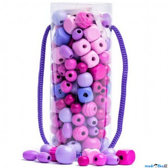 Dřevěné hračky - Navlékací perle - Mix korálků v tubě, růžová (Woody)