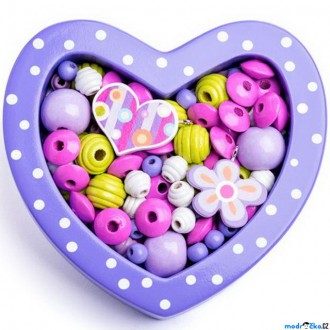 Dřevěné hračky - Navlékací perle - Set korálků, Srdce malé fialové (Woody)