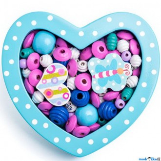 Dřevěné hračky - Navlékací perle - Set korálků, Srdce malé tyrkysové (Woody)