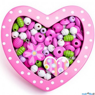 Dřevěné hračky - Navlékací perle - Set korálků, Srdce malé růžové (Woody)