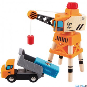 Dřevěné hračky - Vláčkodráha jeřáby - Překládací jeřáb s nákladním autem (Hape)
