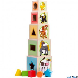 Dřevěné hračky - Pyramida - Věž z 5 kostek, Zvířátka (Woody)