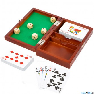 Dřevěné hračky - Společenské hry - Hrací kostky a karty v dřevěném boxu (Small foot)