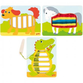 Dřevěné hračky - Šití - Obrázky ke tkaní, Tři zvířátka (Goki)