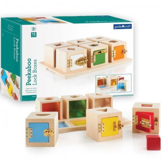 Dřevěné hračky - Vkládačka - Zamykací krabičky s tvary, 12k (Guidecraft)