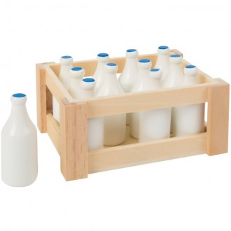 Dřevěné hračky - Prodejna - Zboží, Bedýnka s 12 láhvemi mléka (Small foot)
