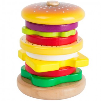 Dřevěné hračky - Skládačka s kroužky - Hamburger dřevěná (Legler)