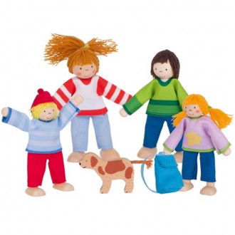 Dřevěné hračky - Panenky do domečku - Rodinka s pejskem, 5ks (Goki)