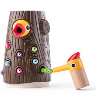 Dřevěné hračky - Motorická hra - Datel magnetické krmení (Woody)