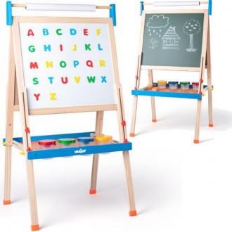 Dřevěné hračky - Kreslící tabule - Výškově nastavitelná s písmeny, 111 až 129cm (Woody)