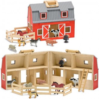 Dřevěné hračky - Stáj dřevěná - Stodola v kufříku se zvířátky (M&D)