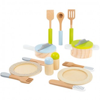 Dřevěné hračky - Kuchyň - Sada dřevěného nádobí s talíři a příbory (Legler)