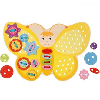 Dřevěné hračky - Šití - Provlékací dřevěný motýlek žlutý (Goki)