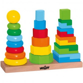 Dřevěné hračky - Skládačka - Nasazování na tyč, Set skládacích věží (Woody)