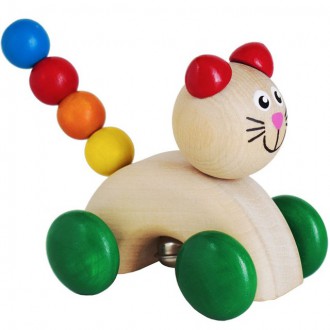 Dřevěné hračky - Zvířátko na kolečkách - Kočka chrastítko (Detoa)