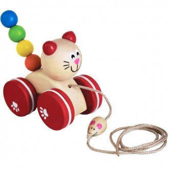 Dřevěné hračky - Tahací hračka - Kočka s myškou dřevěná (Detoa)