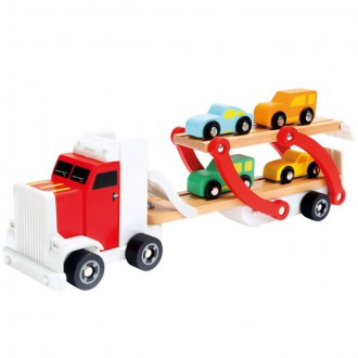Dřevěné hračky - Auto - Tahač s návěsem patrový se 4 auty (Bino)
