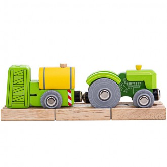 Vláčkodráhy - Vláčkodráha auta - Traktor s vlečkou zelený + 2 koleje (Bigjigs)