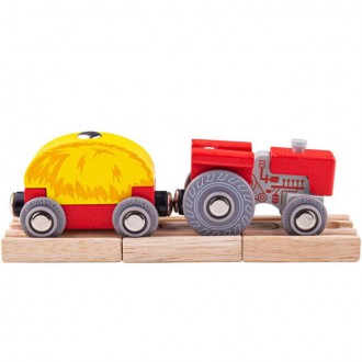 Vláčkodráhy - Vláčkodráha auta - Traktor s valníkem červený + 3 koleje (Bigjigs)