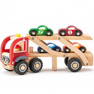 Dřevěné hračky - Auto - Tahač dřevěný se závodními auty (Woody)