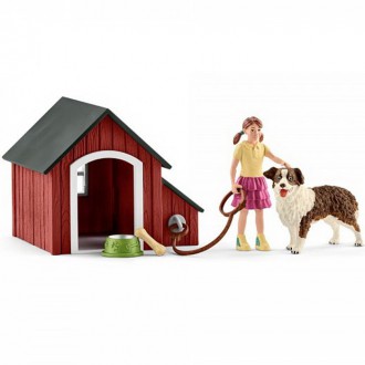 Ostatní hračky - Schleich - Farma, Psí bouda se psem a holčičkou