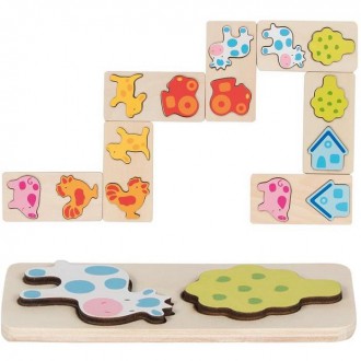 Dřevěné hračky - Domino - 3D reliéf, Na farmě dřevěné, 28ks (Goki)