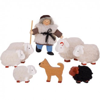 Dřevěné hračky - Panenky do domečku - Bača s ovečkami, 8ks (Goki)