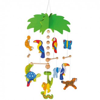 Dřevěné hračky - Kolotoč závěsný dřevěný - Palma a exotická zvířátka (Goki)