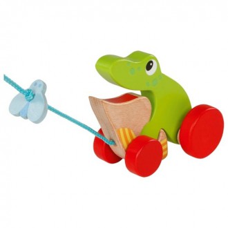 Dřevěné hračky - Tahací hračka - Žabák s mouchou dřevěný (Goki)