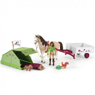 Ostatní hračky - Schleich - Jezdecký klub, Sarah s koníkem a zvířátky kempují