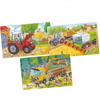 Puzzle a hlavolamy - Puzzle dřevěné - Zemědělská vozidla, 3 x 24 dílů (Goki)