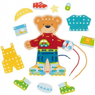 Dřevěné hračky - Šití - Provlékací postavička medvídek, 54 dílů (Goki)