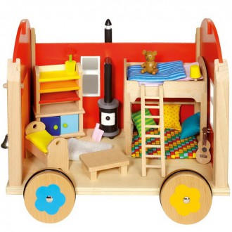 Dřevěné hračky - Domeček pro panenky - Maringotka s vybavením (Goki)