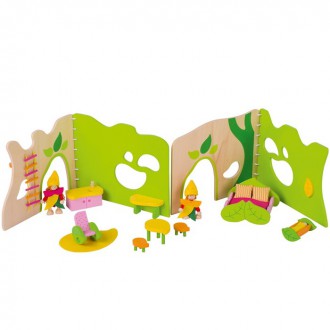 Dřevěné hračky - Domeček pro panenky - Flexibilní s vybavením, Lesní (Goki)
