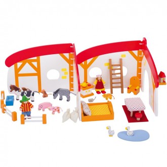 Dřevěné hračky - Domeček pro panenky - Flexibilní s vybavením, Farma (Goki)