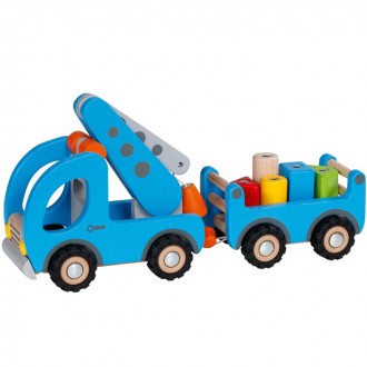 Dřevěné hračky - Auto - Jeřáb magnetický s vlečkou a kostami (Goki)
