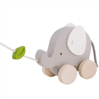 Dřevěné hračky - Tahací hračka - Slon s lístkem dřevěný (Goki)
