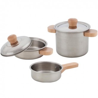 Dřevěné hračky - Kuchyň - Dětské nádobí, 2 hrnce a 1 pánev (Goki)
