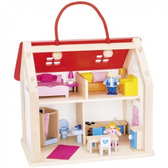 Dřevěné hračky - Domeček pro panenky - Přenosný s vybavením (Goki)