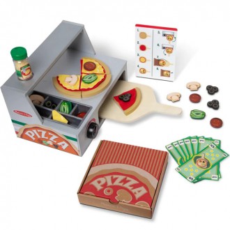 Dřevěné hračky - Prodejna - Pizza pult dřevěný s příslušenstvím (M&D)