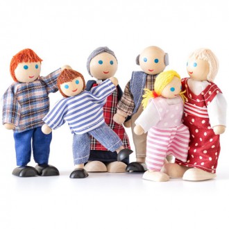 Dřevěné hračky - Panenky do domečku - Rodinka 6 osob (Woody)