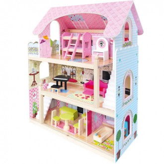 Dřevěné hračky - Domeček pro panenky - S balkónem a vybavením (Bino)