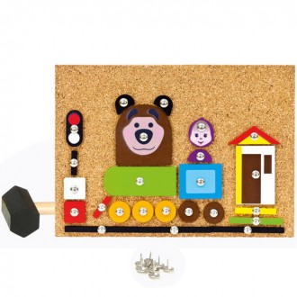 Dřevěné hračky - Hra s kladívkem - Deska s přibíjecími tvary, Máša a medvěd (Bino)
