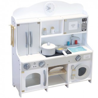 Dřevěné hračky - Kuchyňka dětská - Dřevěná, Bílá s pračkou a příslušenstvím (Bino)