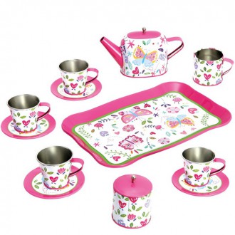 Dřevěné hračky - Kuchyň - Dětský čajový set, Růžový plechový (Bino)