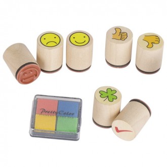 Dřevěné hračky - Razítka dřevěná - Symboly + poduška v dóze, 7ks (Goki)