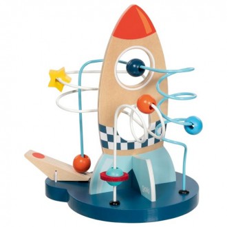 Dřevěné hračky - Motorický labyrint drátěný - Raketa s katapultem (Goki)
