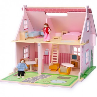 Dřevěné hračky - Domeček pro panenky - Přenosný růžový s vybavením (Bigjigs)