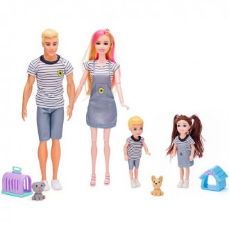 Dřevěné hračky - Panenky do domečku - Rodina s mazlíčky plast, 30cm (Woody)