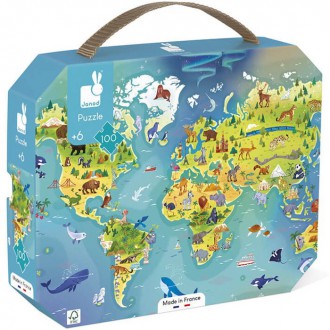 Puzzle a hlavolamy - Puzzle v kufříku - Mapa světa, 100 dílků (Janod)